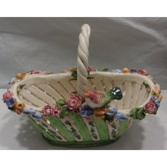 VTG Capodimonte Porcelain Bird Basket Flowers w/ Handle Spring / Easter 5 1/2" - Picture 1 of 10